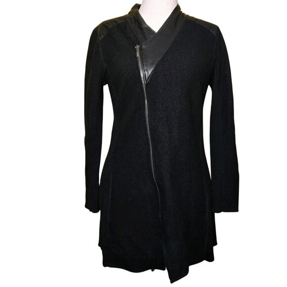 ALFANI WOMENS BLACK MERINO WOOL W/FAUX LEATHER TRIM ZIP FRONT SWEATER SMALL-EUC - Picture 1 of 7